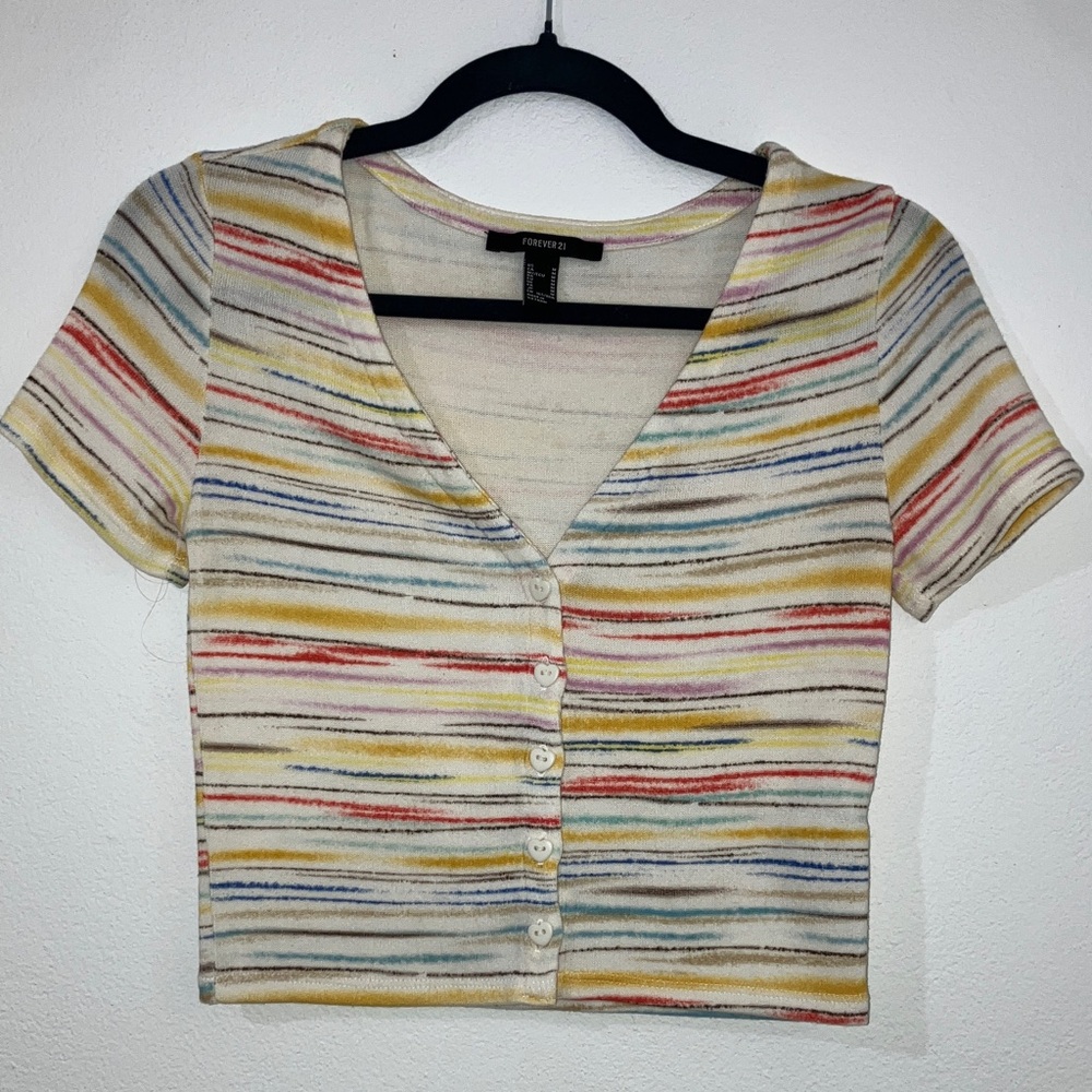 Forever 21 Multicolor Striped Heart Button Crop Top Sweater Shirt